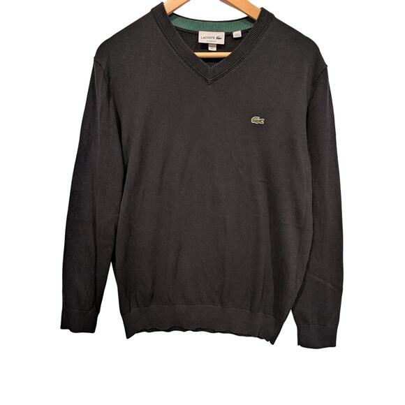 Lacoste Long Sleeve Classic Fit V-Neck Sweater Black 100% Cotton Crocodile Logo - Picture 1 of 4